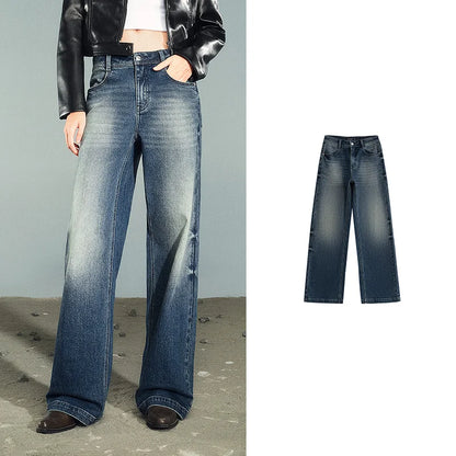 Women Denim Jeans 2025 Autumn New Lycra Stretch Washed Wide Leg Straight Long Pants