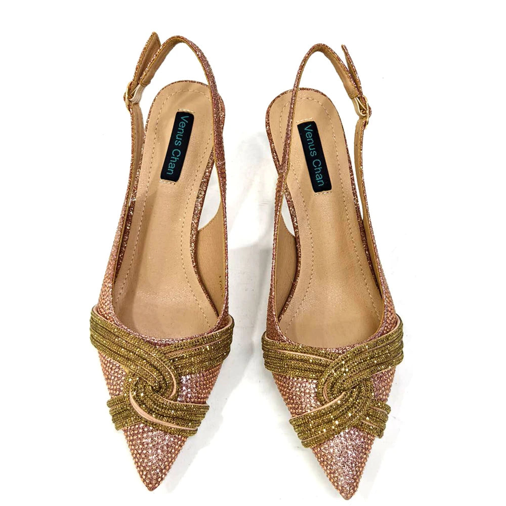 Nigerian Heel Party for Women Shoes and Bag Set Champagne Colour Rhinestone Handbag Italian Design Wedding INS 2024