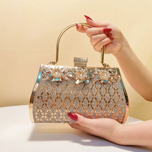 Bucket Design Women Clutch Bags Golden Metal Luxury Acrylic Evening Bags Box Holder Rhinestones Glitter Handbags Purse