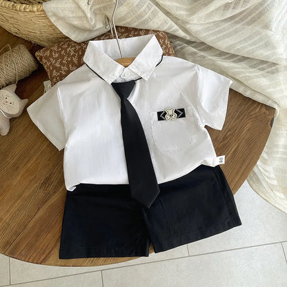 New Summer Baby Boy Gentleman Style Clothes Suit Shirt with Tie+Shorts 2Pcs/Set Infant Kids Fashion Toddler Clothing Tracksuits