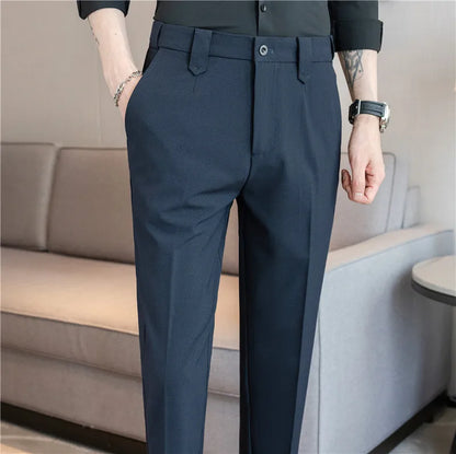 Elastic Waist Solid Color Suit Pants Men Formal Slim Fit Business Casual Trouser High Quality Social Wedding Fashion Dress Pant