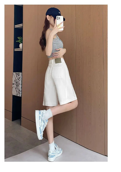 Women's 2026 Summer White Five-Point Denim Shorts Korean Y2K High Waist Loose Slimming Stretch Straight Leg Jeans