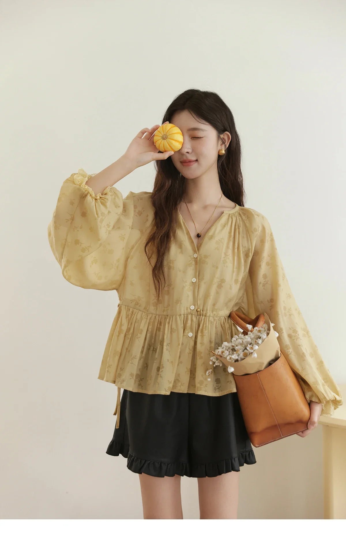 Elegant Woman Shirt 2025 Autumn Yellow Printing Lantern Sleeves Shirt Commute Drawstring Waist Lace Trim Top MXE45X2499