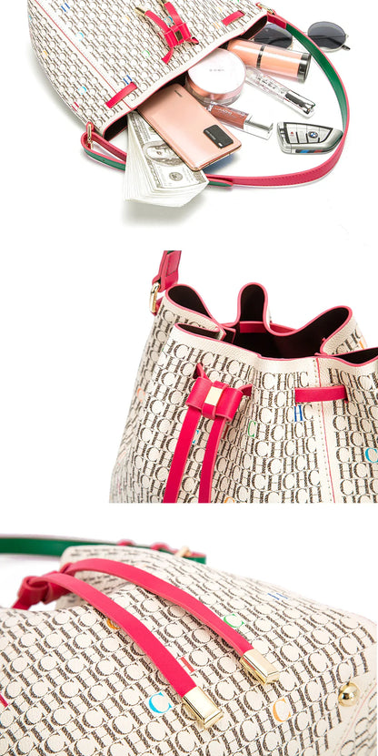 Letter Print Drawstring Opening Classic Women's Shoulder Bag Fashion Printed Bucket Bag Women's Vintage Crossbody Bag
