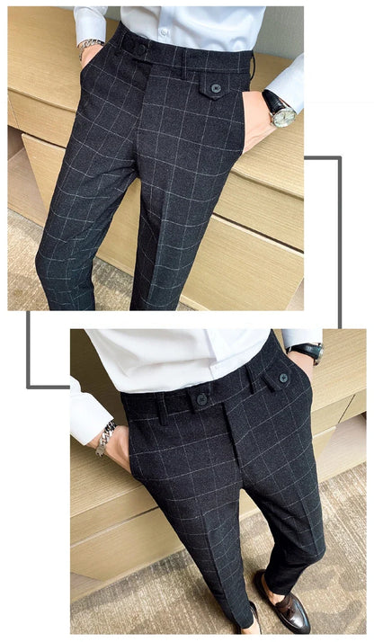 Boutique Classic Plaid and Striped Fashion Men's Casual Business Slim Suit Pants Groom Wedding Dress Trousers Party