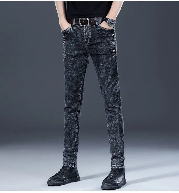 Autumn Winter Brushed Cowboy Luxury Slim Designer Clothes Male Korean Style Denim Skinny Plush Grey Jean Pants Trousers for Men
