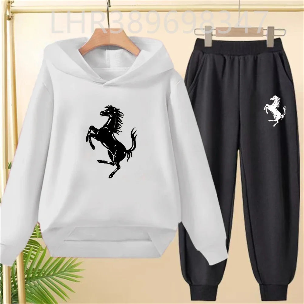 Children's Hoodies Top+Bottom Suit Girls Pink Boy Black Age 3-12 Coat Casual Toddler Long Sleeves Autumn Pegasus Print Clothing