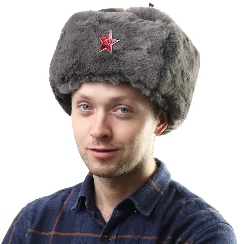 Soviet Badge Ushanka Men Winter Bomber Hats CCCP Pilot Faux Rabbit Fur Earflap Army Trapper Trooper Hat Russia Snow Cap