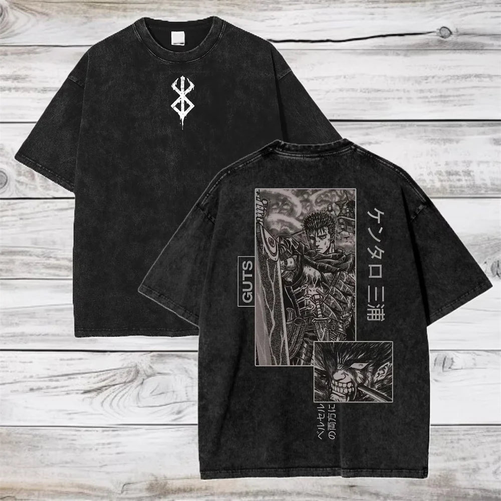 Berserk Anime Washed T Shirt Men Vintage Gothic Streetwear Tshirt Harajuku Hip Hop Graphic Tee Shirt Oversized Cotton Tops