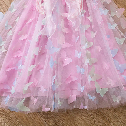 Baby Girls Butterfly Wings Fairy Gauze Princess Puff Sleeve Dress Lovely Kids Summer Tulle Dress Child Birthday Party Gown Dress
