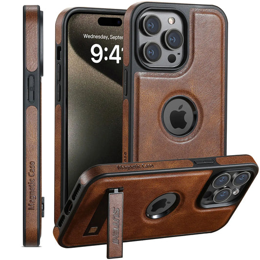 For iPhone 15 14 13 12 Pro Max Leather Case, [Compatible with Mag-safe] Built-in Invisible Stand Protective Slim Kickstand Cover