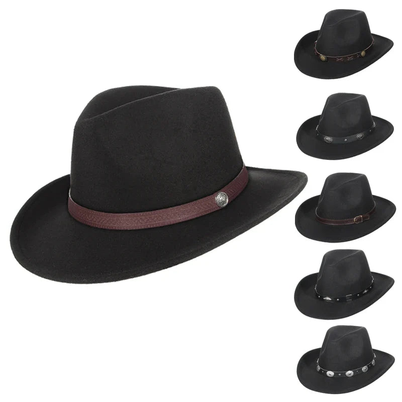 Autumn Winter Western Cowboy Hat for Men Women Wide Brim Fedora Jazz Hats Cowgirl Hat with Belt