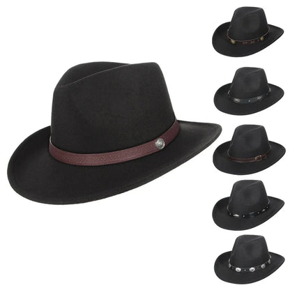 Autumn Winter Western Cowboy Hat for Men Women Wide Brim Fedora Jazz Hats Cowgirl Hat with Belt