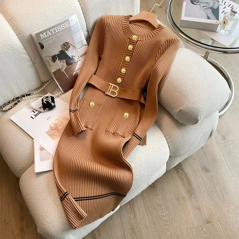 2025 Autumn Winter Women Knitted Dress Brand Fashion O-neck Buttons Bodycon Sweater Dress with Belt Lady Office Dress