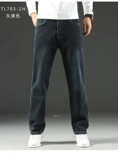 Autumn Winter  Brand New High Waist Jeans Classic Business Casual Office Men's Fashion Stretch Slim Denim Jeans Navy Blue