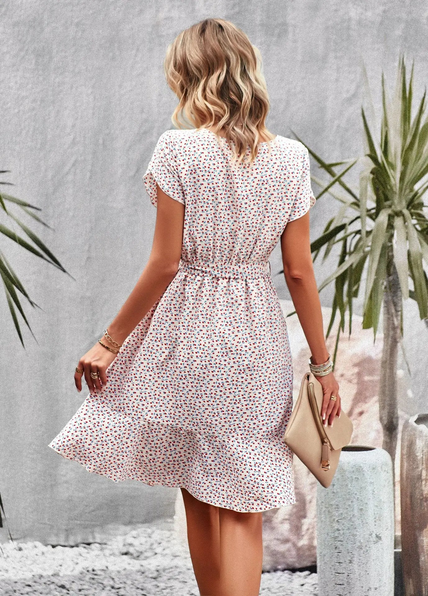 Summer O Neck Casual Printd Women Strap High Waist Pleated Floral Dress