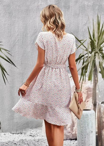 Summer O Neck Casual Printd Women Strap High Waist Pleated Floral Dress