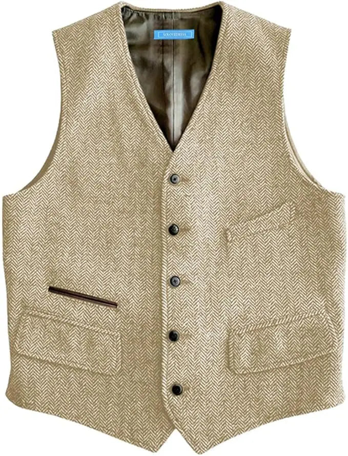 Men's Houndstooth Wool Vest British Style Business Waistcoat Casual Sleeveless Jacket Ready‑to‑Ship Business Outfit  for Men