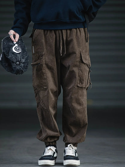 Oversized Baggy Vintage Washed Cargo Pants Men Loose Fit Drawstring Cuffed Retro American Style Streetwear Hip Hop Utility Pants