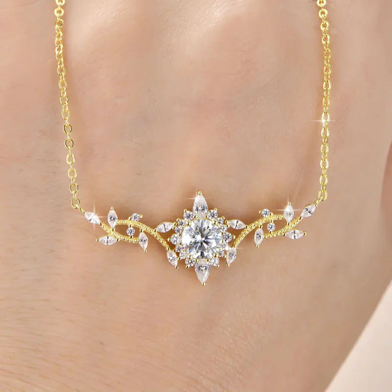 Certificated Moissanite Necklace 14K Gold Filled Sophisticated Floral Leaf Pendant Necklaces for Women Wedding Jewelry
