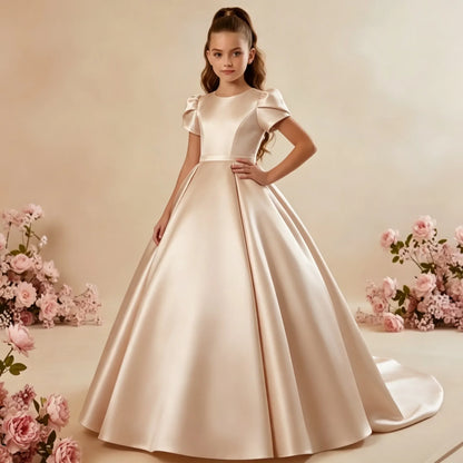 White Flower Girl Dress for Wedding With Bow Satin Floor Length Elegant First Communion Ball Birthday Party Gowns