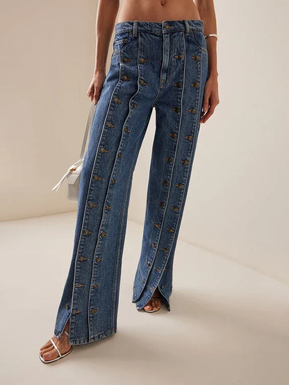 Spring Autumn Womens Stylish Button Jeans Pants 2025 New Vintage Denim Long Trousers Woman Fall Bottoms Clothes