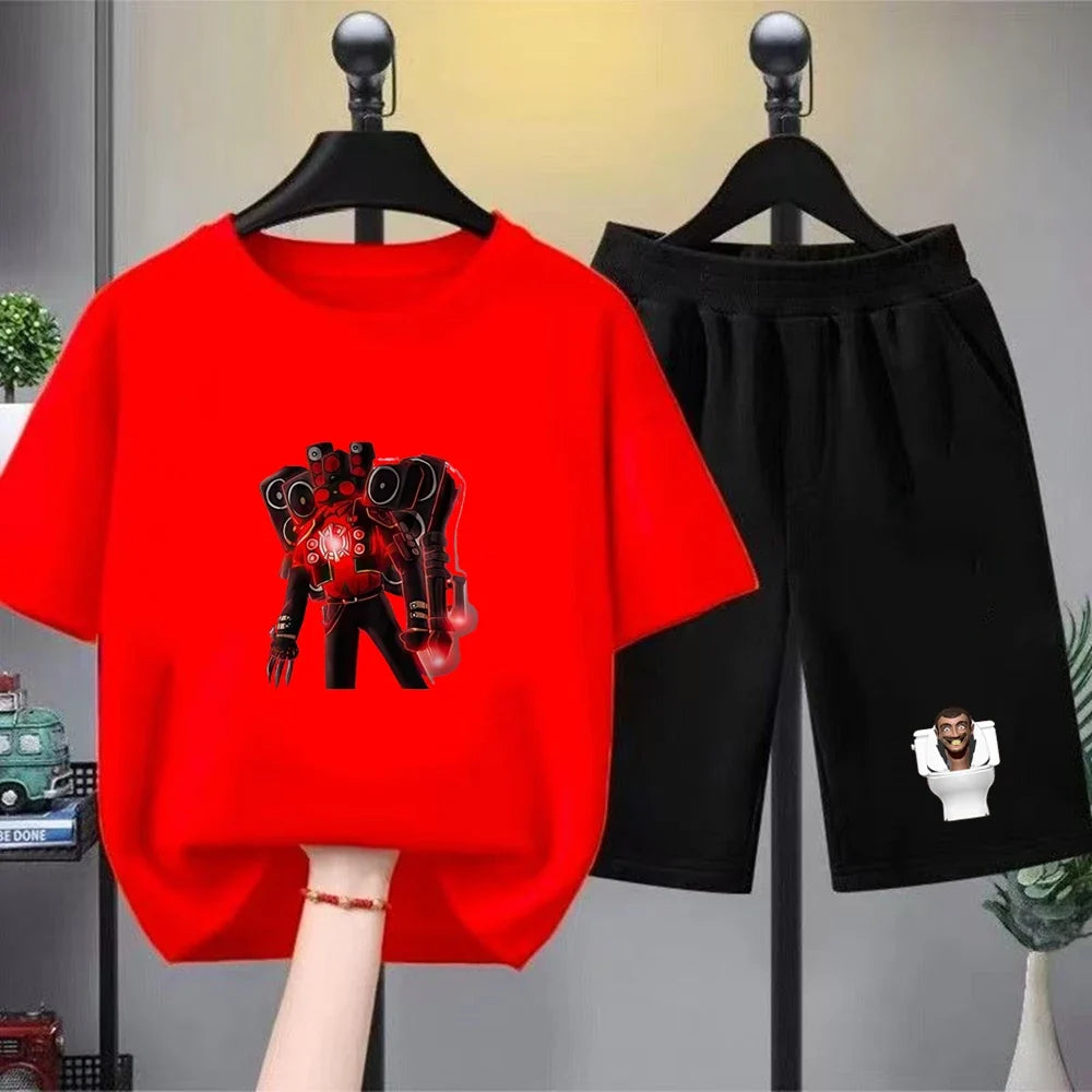 Skibidi Toilet Children T-shirt+bottom wear Age 3-12 Girls boy Set black 2pcs Kids Set Print Summer Anime Toilet Monitor Tshirt