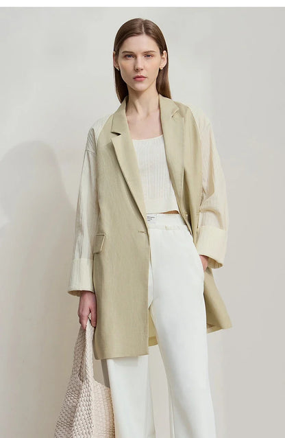 Minimalist Women's Fashion Casual Jacket 2025 Autumn Lyocell Linen Collision Splicing Crumple Texture Loose Blazer 12551008