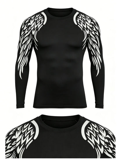 American Trend Men's Solid Color Elastic Comfortable Long Sleeve Tight Spring Autumn Sports Fitness Print Body Suit