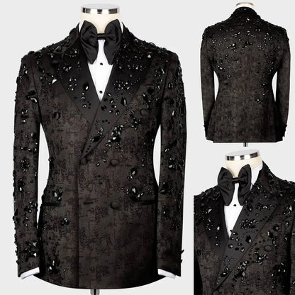 Modern Men's Suit Crystal Beads 2 Pieces Blazer Pants Double Breasted Business Formal Work Wear Wedding Groom Customized Homme