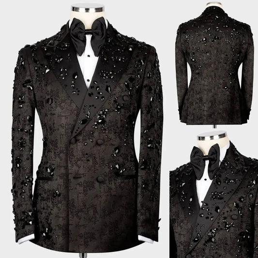 Modern Men's Suit Crystal Beads 2 Pieces Blazer Pants Double Breasted Business Formal Work Wear Wedding Groom Customized Homme