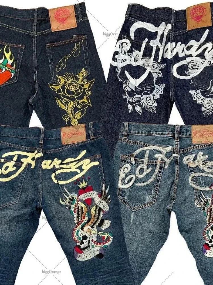 Mens Jeans Streetwear Y2K Vintage Straight Leg Denim Pants Skull Rose Flame Print Design Loose Fit Retro Punk Hip Hop Fashion