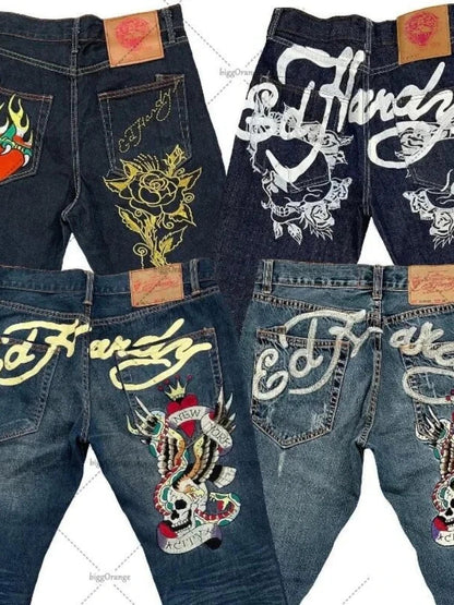 Mens Jeans Streetwear Y2K Vintage Straight Leg Denim Pants Skull Rose Flame Print Design Loose Fit Retro Punk Hip Hop Fashion
