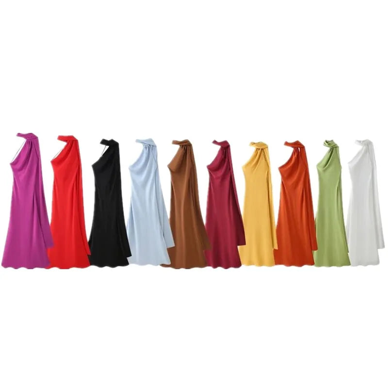 Elegant Long Silk Satin Dress Neck Hanging Pure Color Slim Fit Summer New Fashion Women's Dress City Commuting Casual Wedding
