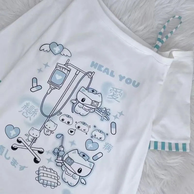 Japanese Harajuku Sweet Graphic T Shirts Women Cat Print Summer Off shoulder Top Short-sleeve Oversize Tees Loose Casual T shirt