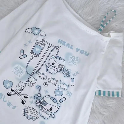 Japanese Harajuku Sweet Graphic T Shirts Women Cat Print Summer Off shoulder Top Short-sleeve Oversize Tees Loose Casual T shirt