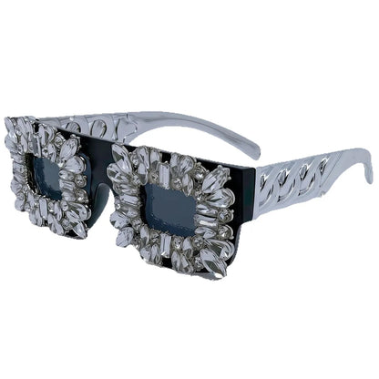 Exaggerated Bling Rhinestone Square Sunglasses Women Luxury Silver Chain Leg Statement Eyewear for Party Nightclub Rave Festival
