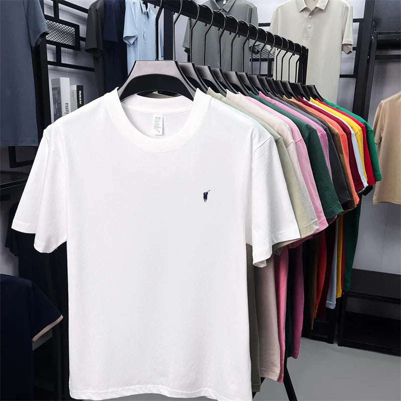 Xiaoma Embroidery Casual Pure Cotton Short Sleeved T-shirt for Young Men, Round Neck Solid Color T-shirt for Men