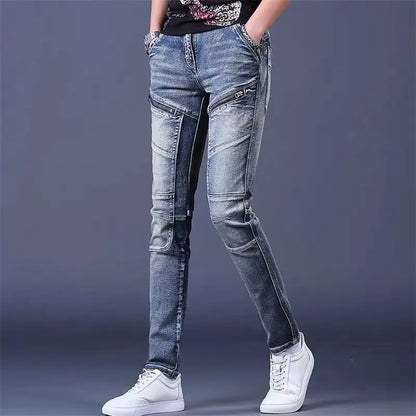 High-End Men's Slim Fit Jeans with Zipper Splicing Elastic Casual Long Trousers Trendy Retro Style Cotton Stretch Denim