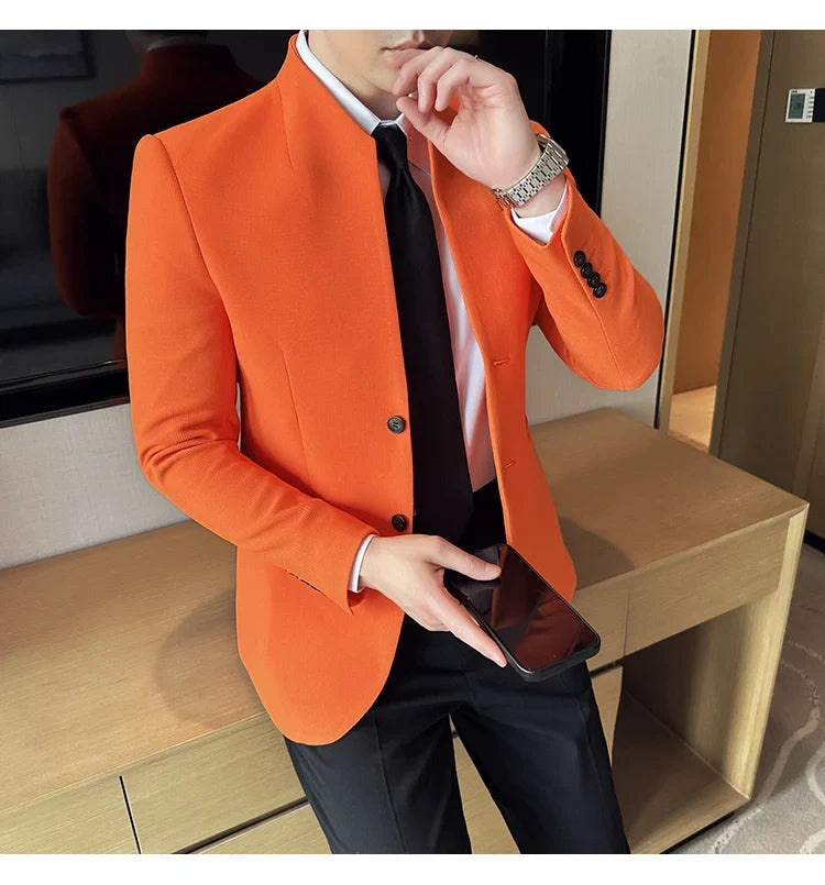 New Waffle Chinese Stand-Up Collar Blazers Men Slim Fit Business Casual Fashion Suits Jacket Formal Social Prom Party Tuxedos
