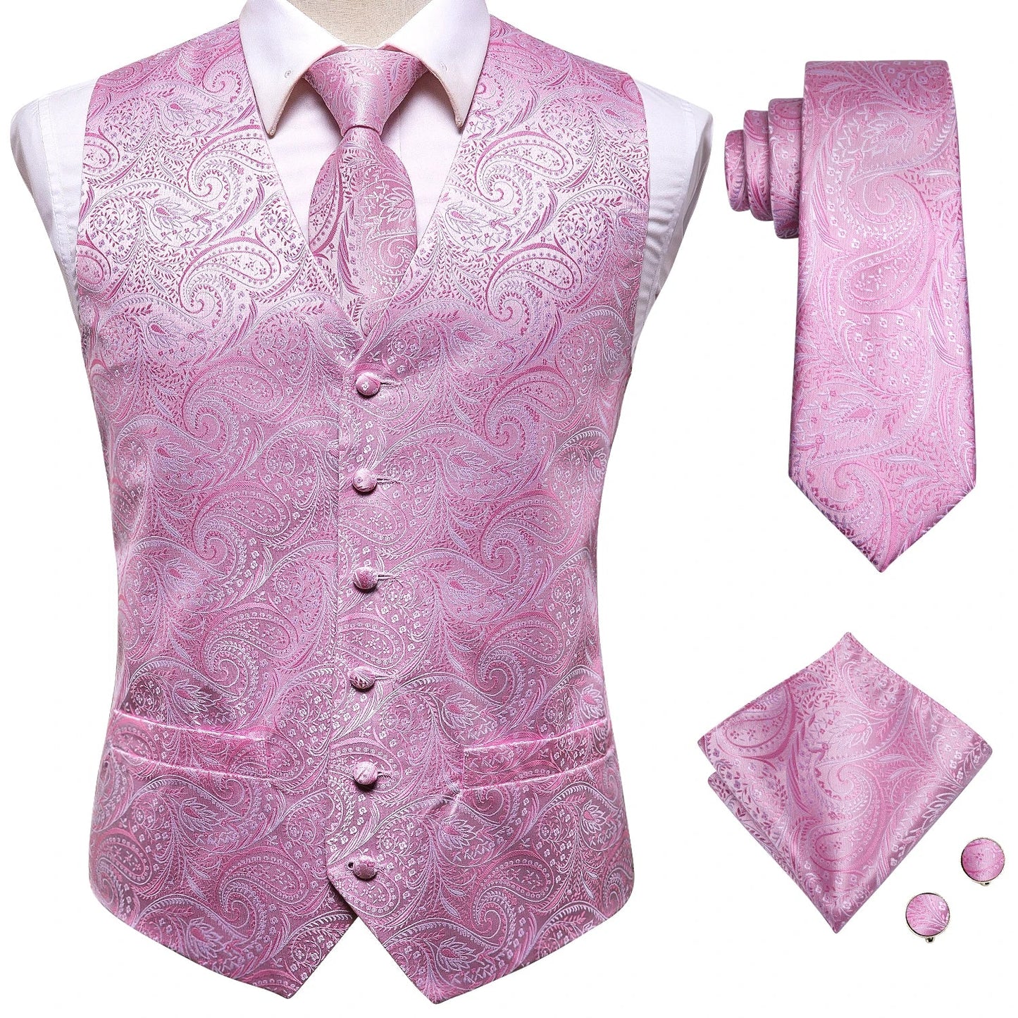 Brand New Mens Suit Dress Vests Necktie Hankerchief Cufflinks Set Silk Slim Fit Male Waistcoat Jacquard Waist Jacket Gilet Homme