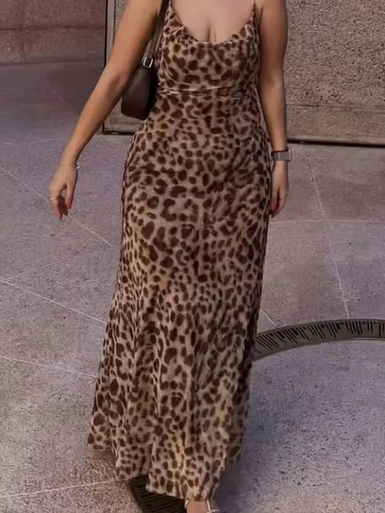 Women Vintage Leopard Print Spaghetti Strap Dress Sexy Backless Tulle Long Dresses Fashion Y2k High Street Vestido Mujer