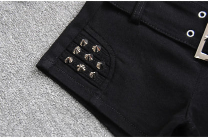 Denim Shorts Women Low-waisted Black Slim Fit Sexy Hot Girls Rivet Belt Design Unique All-match Nightclub Bodycon Summer Y2k