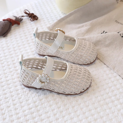 Spring Girl's Sandals Braided Pearl Hook-loop Chic Kid's Flat Shoe Solid Colors Anti-slip Casual Versatile Children Shoes 4-6Y