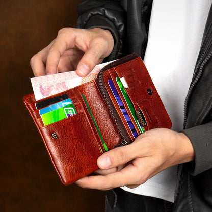Men's Hand-Rubbed Genuine Leather Short Wallet Top-Grain Vegetable-Tanned Zipper Wallet with Driver's License Card Holder