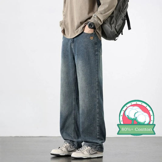 Spring Autumn New Men's Straight Vintage Fit Jeans Casual Trousers High Quality Male Korean Fashion Baggy Wide Leg Denim Pants