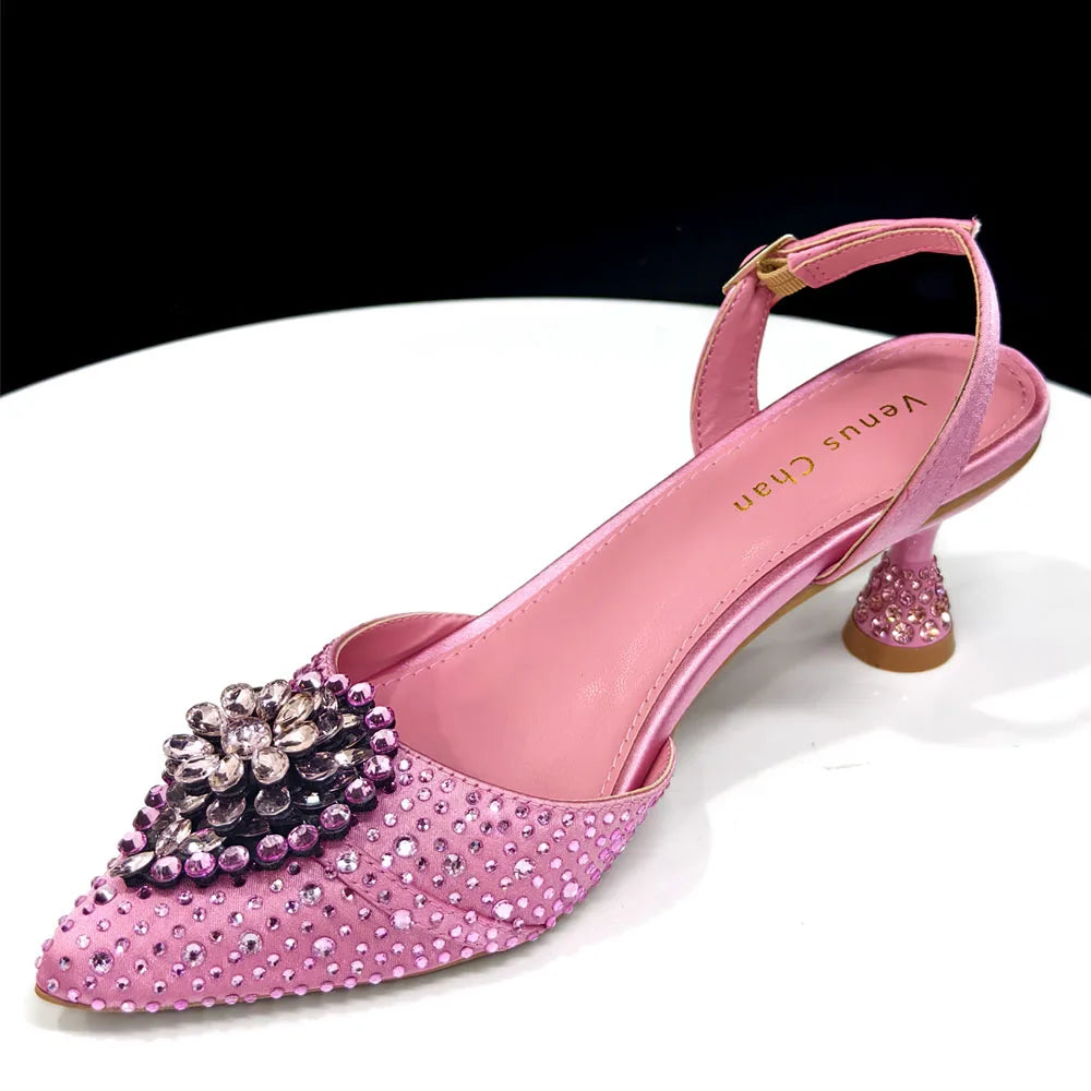 Blue Color Rhinestone Comfortable high heel shoe And Bag Fashion Style Pointed-Toe Shoes For Women Or Commuting Shoes