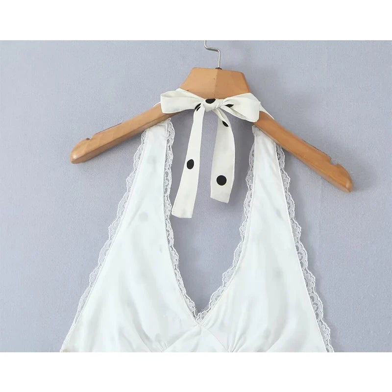 Lace Spliced Polka Dot Halter Dress Women Elegant A-line Mini Sexy Backless Dresses Summer Robe 2025