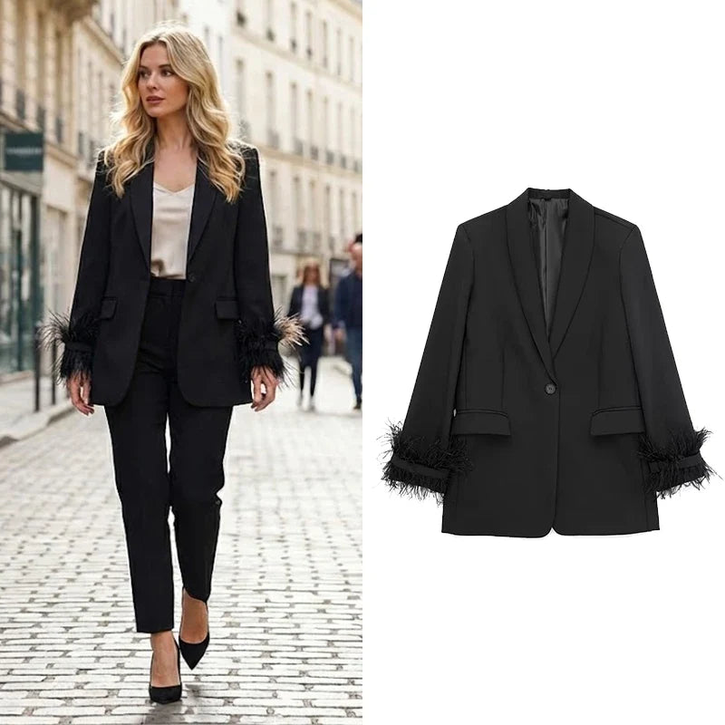 Women Fashion Satin Black With Feather Blazer Jacket Vintage Notched Neck Single Button Long Sleeves Female Outfits