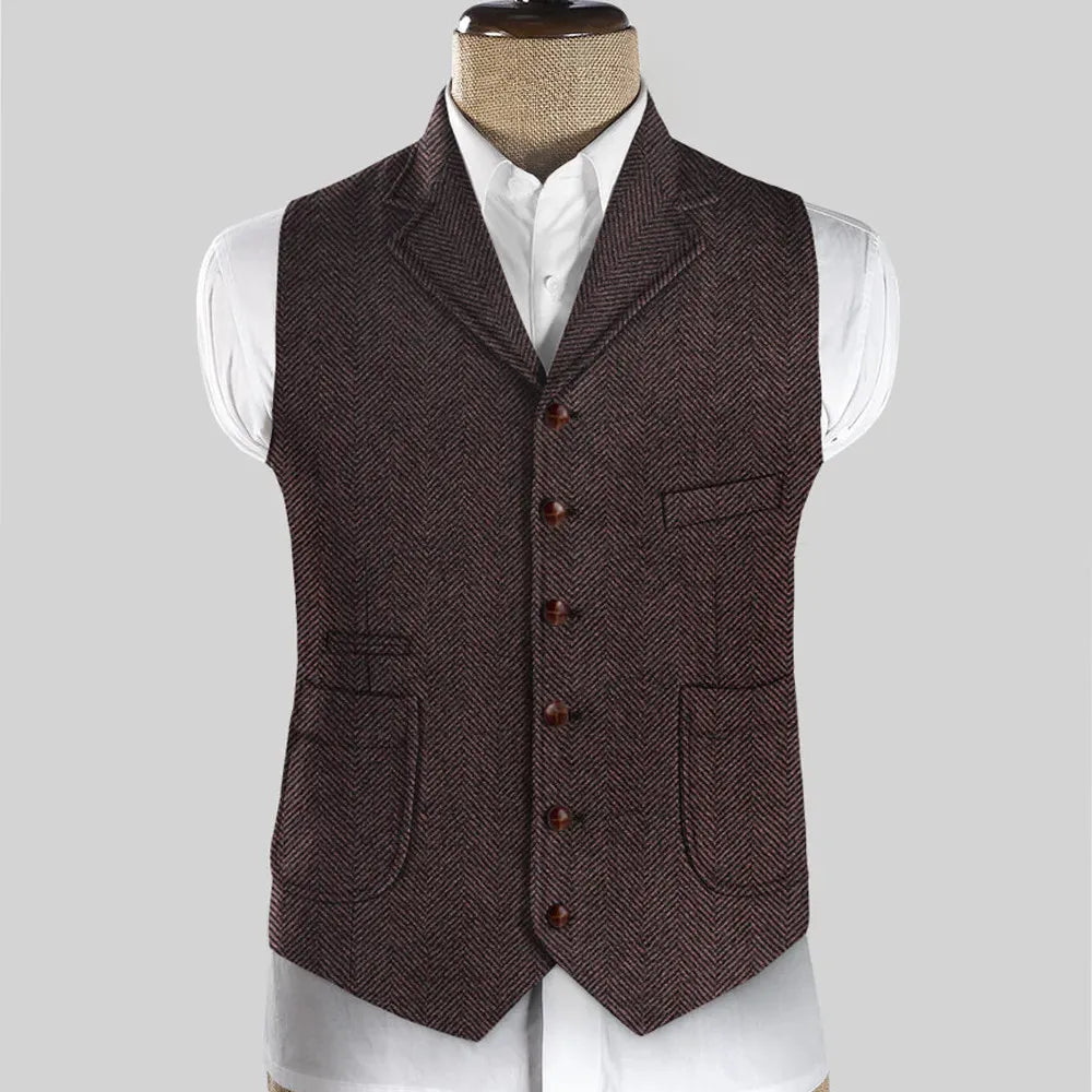 New Arrvial Lapel Neck Slim Fit Single Breasted Herringbone Men's Vest  Groomsemen Waistcoat For Wedding